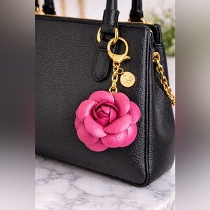 Camellia Rose Bag Charm Keychain | Fuchsia Pink Vegan Leather Floral Charm